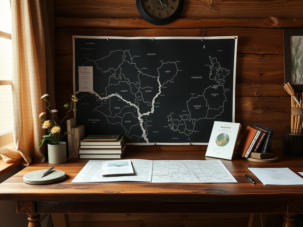 На столе лежит карта и книги, около окна цветы и настенные часы, создающие атмосферу уюта.