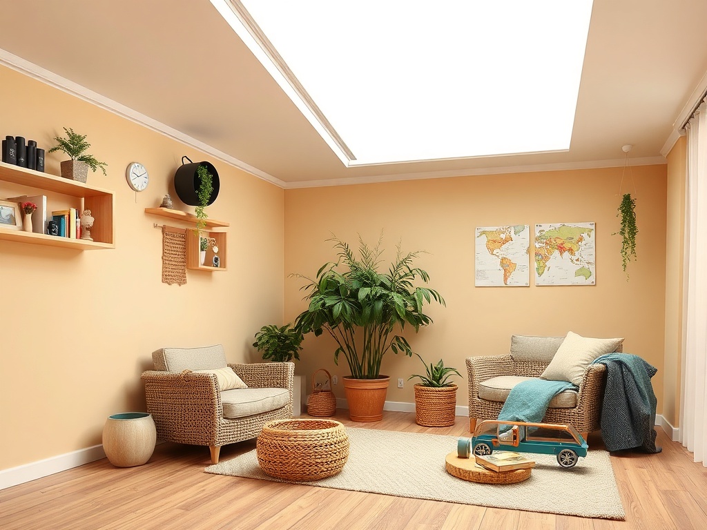 Светлая комната с растениями, креслами, полками и солнечным светом, воплощающая уют и стиль.