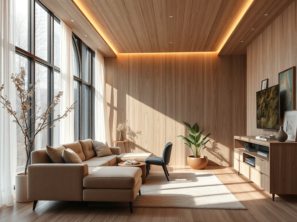 Современный уютный интерьер гостиной с большими окнами и деревянными элементами. Мягкая мебель и растения.